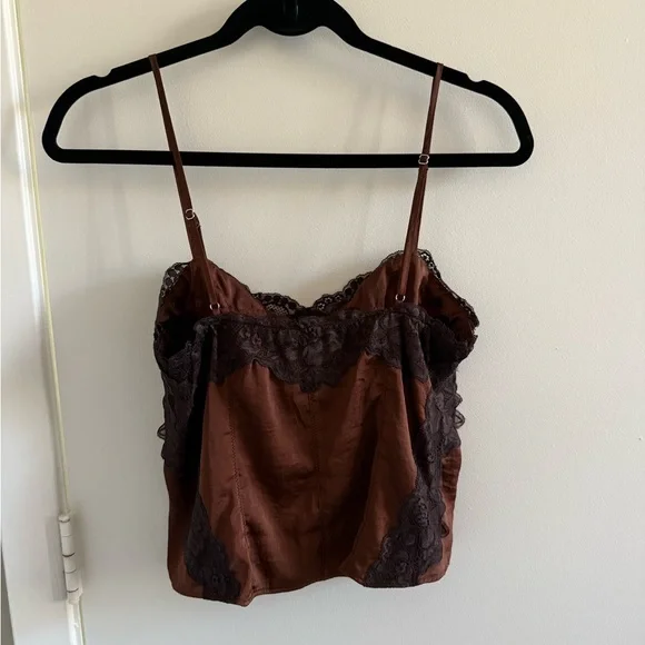 Free People Rust Brown Satin Cami with Black Lace Trim - Picture 3 of 3